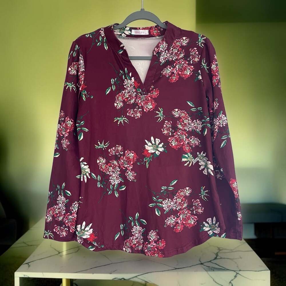 Halife Floral Tunic Size M Maroon Long Sleeve V-Neck Blouse